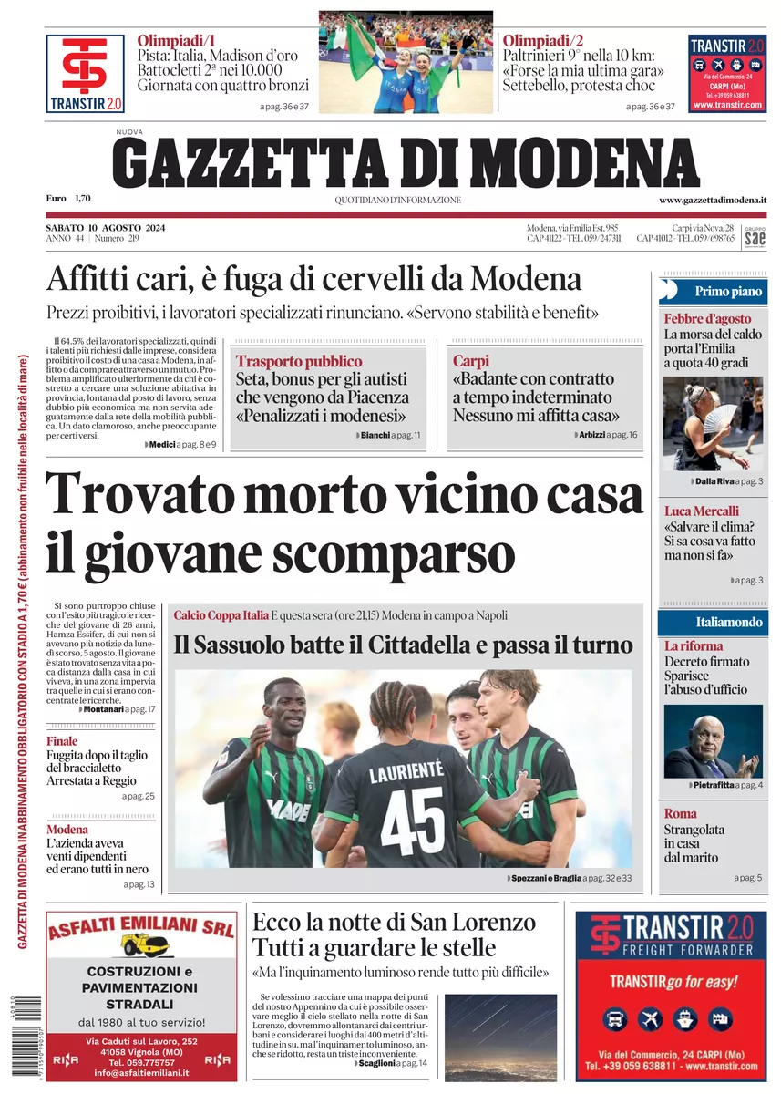 Prima-pagina-gazzetta di modena-oggi-edizione-del-2024-08-10